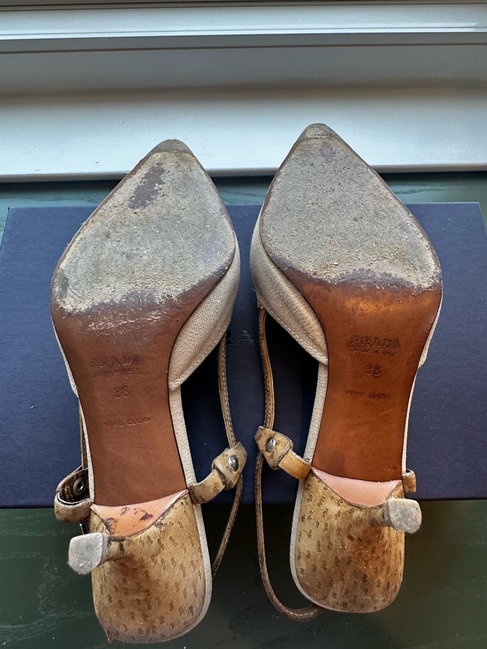 Vintage Prada Beige Canvas Pointed Toe Buckle Slingback Heels - Picture 14 of 16